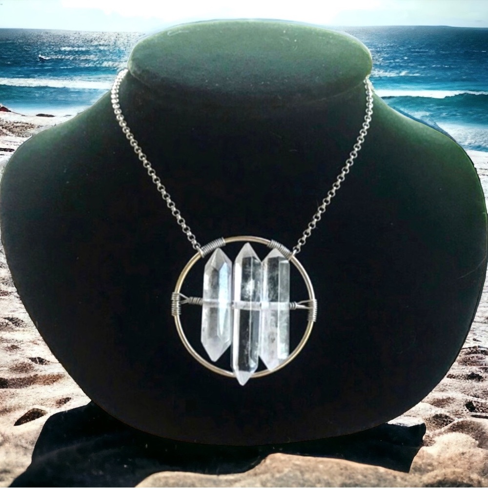 Crystal quartz necklace . 3  genuine crystal quartz double point boho gem silver - Picture 8 of 10